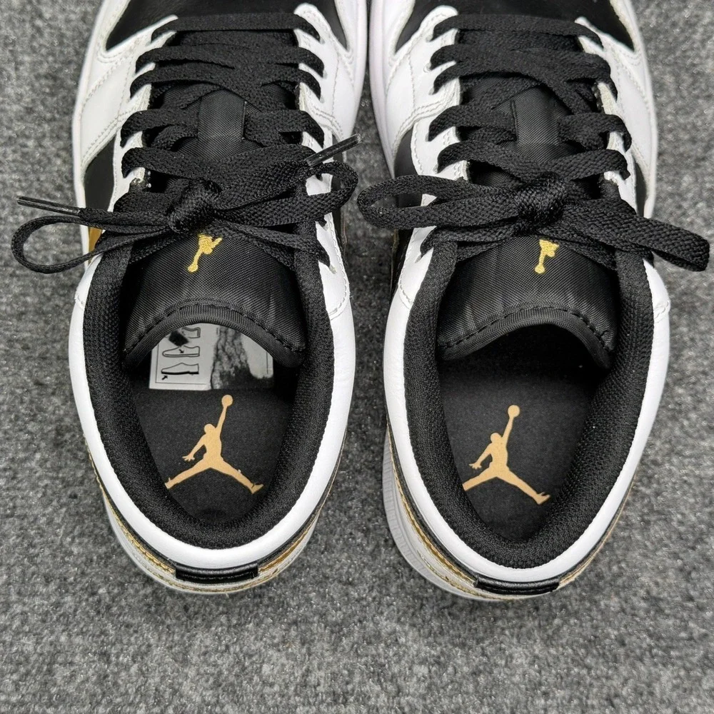 Jordan 1 Low Shoes Men's 8 White Black Metallic Gold Swoosh Athletic Sneakers